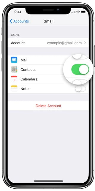 Turn Contacts off or on for a particular account